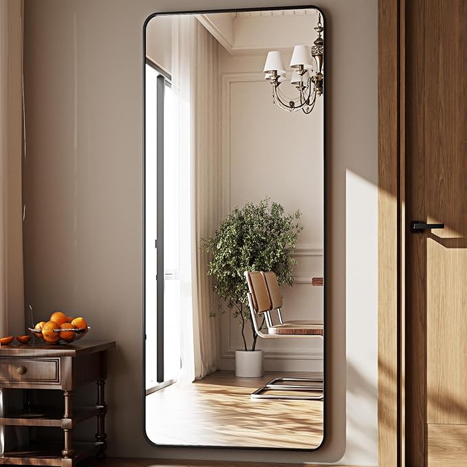 HARRITPURE 66x23 inch Rounded Full Length Mirror Aluminum Frame Mirror Full Length Floor Mirror with Stand for Living Room Bedroom Cloakroom,Black-DeskLoop Office