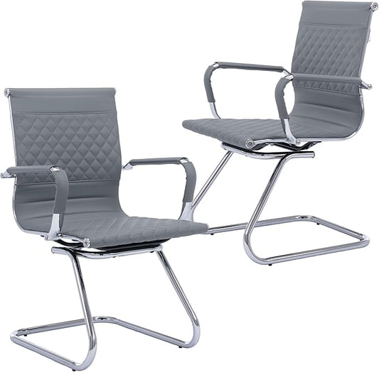 Office Guest Chairs - Set of 2 Modern PU Leather Desk Chairs with Mid Back, Grey-DeskLoop Office
