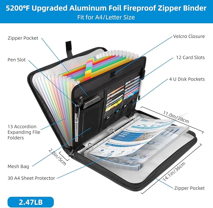 Fireproof Document Bag with Accordion File Organizer | Upgraded 5200°F Aluminum - Image 2