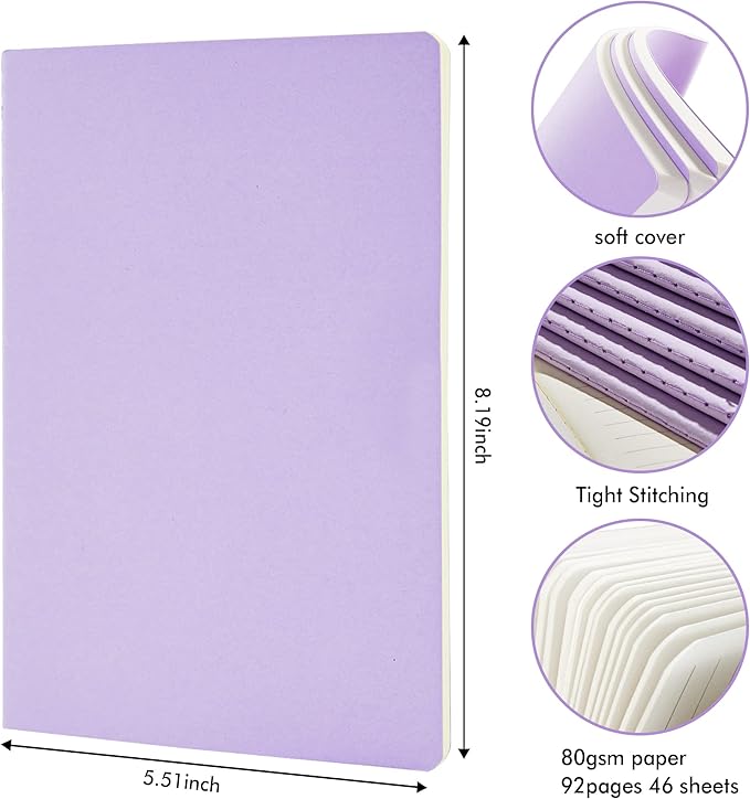 feela 8 Pack Soft Cover Journal Bulk, Notebooks College Ruled for Work, Lined Travel Journal for Women Men, Note Taking Notebook School Supplies Business Writing, 8.2” x 5.5”, A5, Light Purple-DeskLoop Office