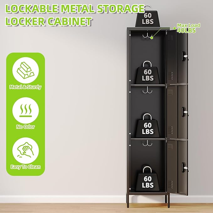 Aobabo 16" W 3 Door Metal Storage Locker with Lock, 66" H Steel Locker with Name Card Holder and Metal Hook for School, Home, Office, Playroom, Assembly Required, Black-DeskLoop Office