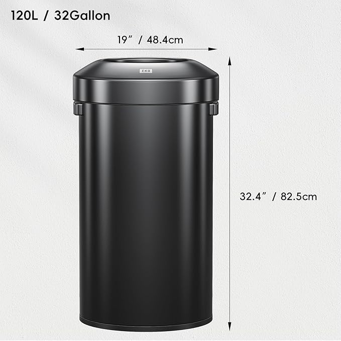 EKO Urban 32 Gallon Round Black Stainless Steel Open Top Waste Bin, Tall Commercial Trash Can for Indoor/Outdoor, Extra Large Metal Garbage Bin for Office, Restaurant, Restroom,120L-DeskLoop Office