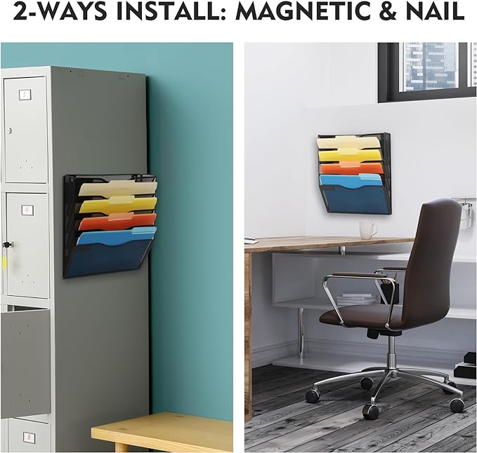 EASEPRES Magnetic 5 Pocket Mesh Hanging File Organizer, Wall Mounted Mail Paper Document Folder Holder, Clipboard Storage Organization Magazine Rack with Nametag Label for Office Home School, Black-DeskLoop Office