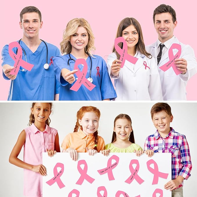 Kosiz 100 Pack Large Pink Ribbon Set 100 Breast Cancer Awareness Cutouts 2 Marker Pens 100 Wooden Clips with Rope Pink Ribbon Breast Cancer Awareness Items for Women Charity Support Supplies-DeskLoop Office