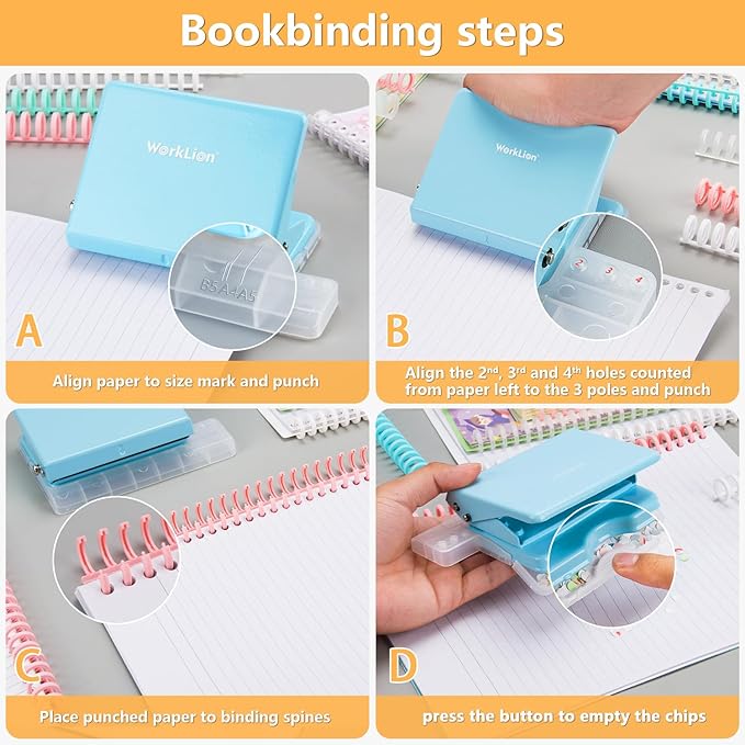Worklion Binding Machine for Planner: Small Bookbinding Machine with Multicolor Loose Leaf Binder Rings for Making 26 Holes/B5 Paper, 30 Holes/A4, 20 Holes/A5 Book, 29 Holes/Letter Size, Blue-DeskLoop Office