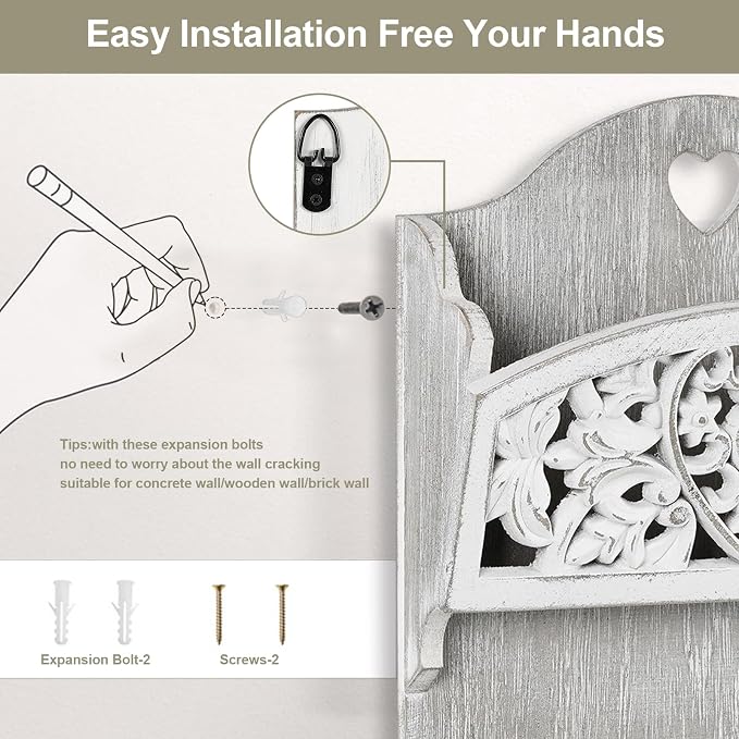 Mail Organizer with Key Holder, 2-Slot Mail Holder with 4 Key Hooks - Image 7