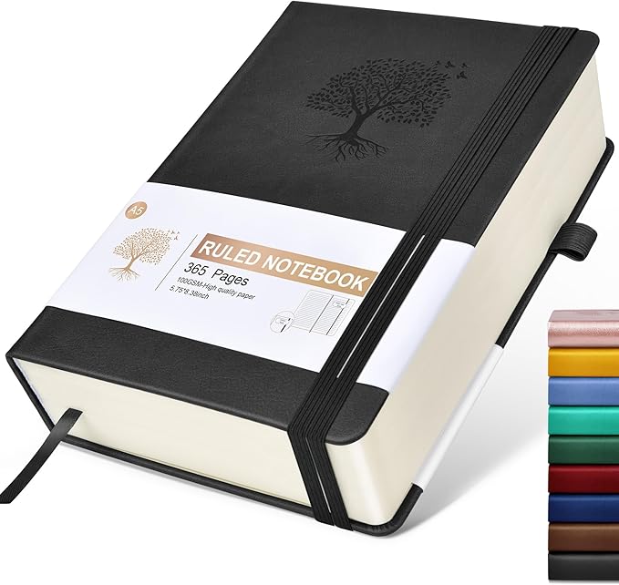 Lined Journal Notebook -365 Pages A5 Thick Journals for Writing Ruled Notebook, Hardcover Leather Journal for Women Men, Daily Journal Notebook for Work, Note Taking, 100Gsm Lined Paper(5.75'' X 8.38'' Black)-DeskLoop Office