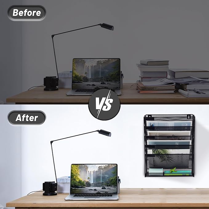 EASEPRES 6 Tier Mesh Hanging Wall File Organizer, Desk Mail Paper Document Folder Holder, Clipboard Storage Organization Magazine Rack with Bottom Tray and Nametag Label for Office Home School, Black-DeskLoop Office