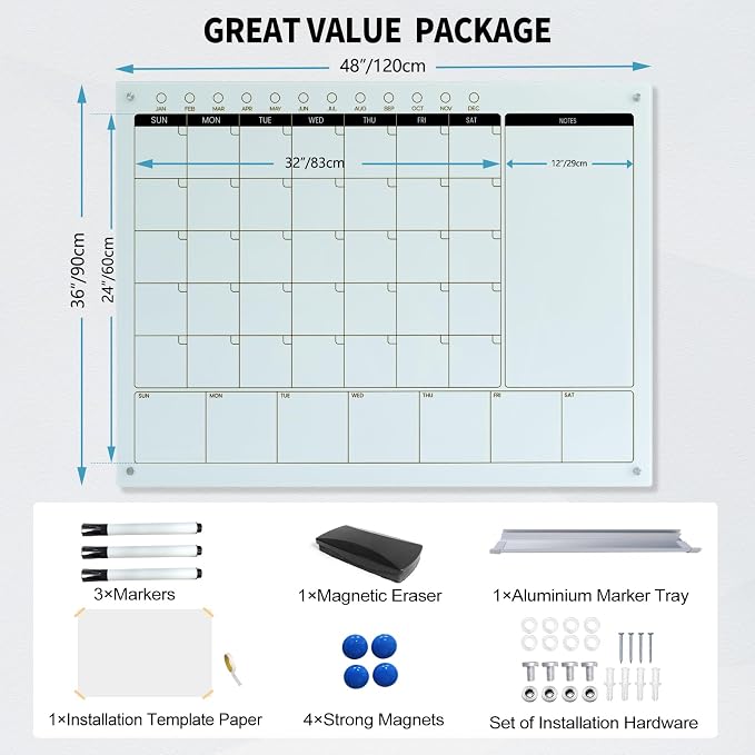 Magnetic Glass Whiteboard Calendar 48"x36" Glass Dry Erase Calender Board - Image 5
