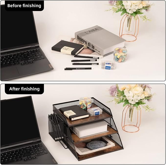Vintage Wood & Metal Letter Tray， Stackable Desk Organizers Paper Tray， - Image 4