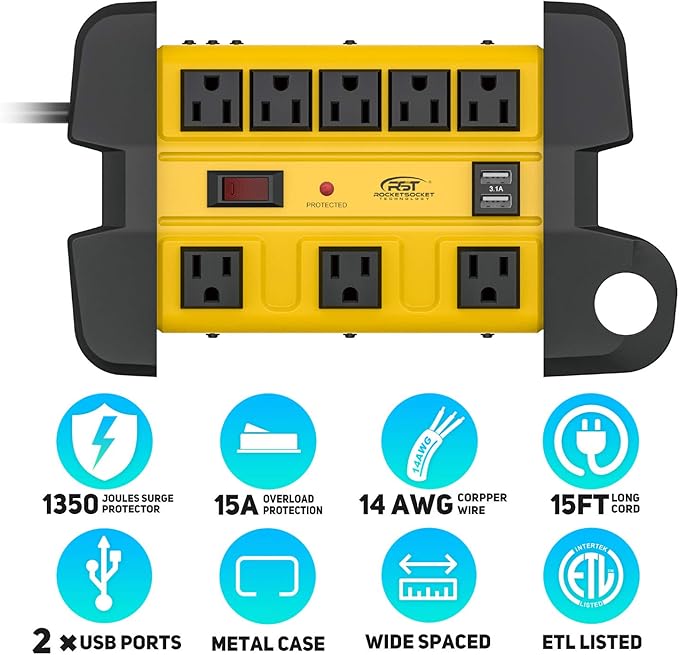 Heavy Duty Power Strip Surge Protector with USB,CRST Metal Power Strip with 2 USB 15 A 1875W, 15-Foot Long Cord 1350 Joules for Home, Kitchen, Office, School, ETL Listed… Yellow-DeskLoop Office