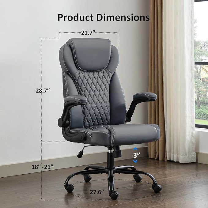 Office Chair, Executive Leather Chair Home Office Desk Chairs, Ergonomic Computer Desk Chair with Adjustable Flip-Up Arms, Lumbar Support Swivel Task Chair with Rocking Function (Gray)-DeskLoop Office