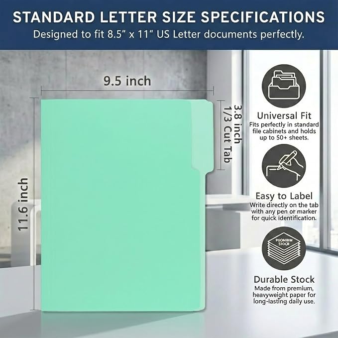 100 Packs Paper File Folder, Light Green File Folders Letter Size, 1/3-Cut Tabs - Image 2