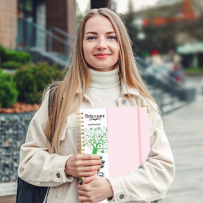 Spiral Notebook 8.3” x 11.6”, 300 Pages/150 Sheets Pink Notebook College Ruled A4 Spiral Notebook Journaling Notebook with Index Sticker, Back Pocket, Elastic Band for Work Business School Note Taking-DeskLoop Office