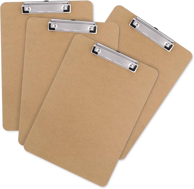 Wood Clipboards Set of 4, Letter Size Hardboard Clip Board 8.5x11 | A4 Standard by Macroclo