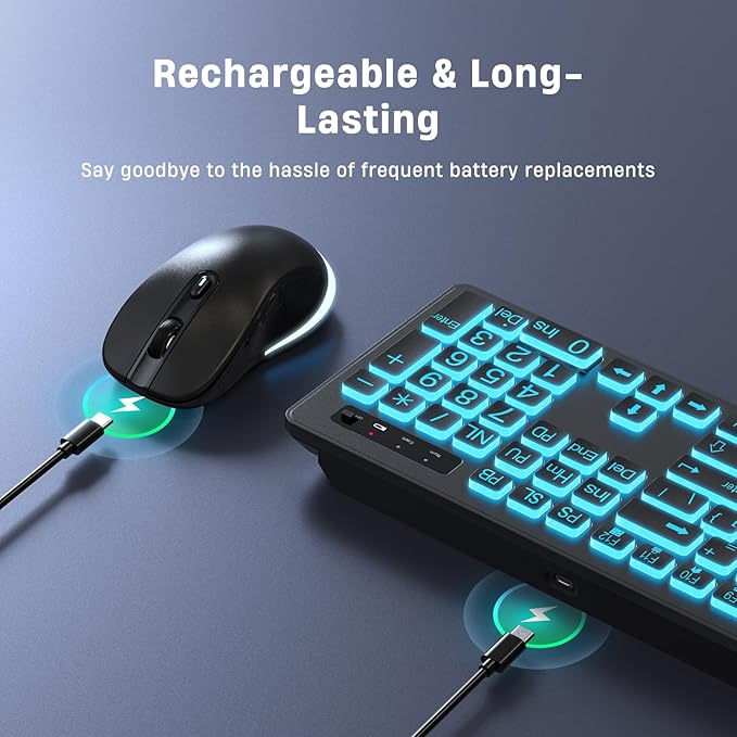 Large Print Wireless Keyboard and Mouse - 7 Colors Backlit Keyboard, Oversize Letters Keys Easy to See and Type, Rechargeable Keyboard and Mouse with Light Up Key, Compatible for PC, Windows, Gaming-DeskLoop Office