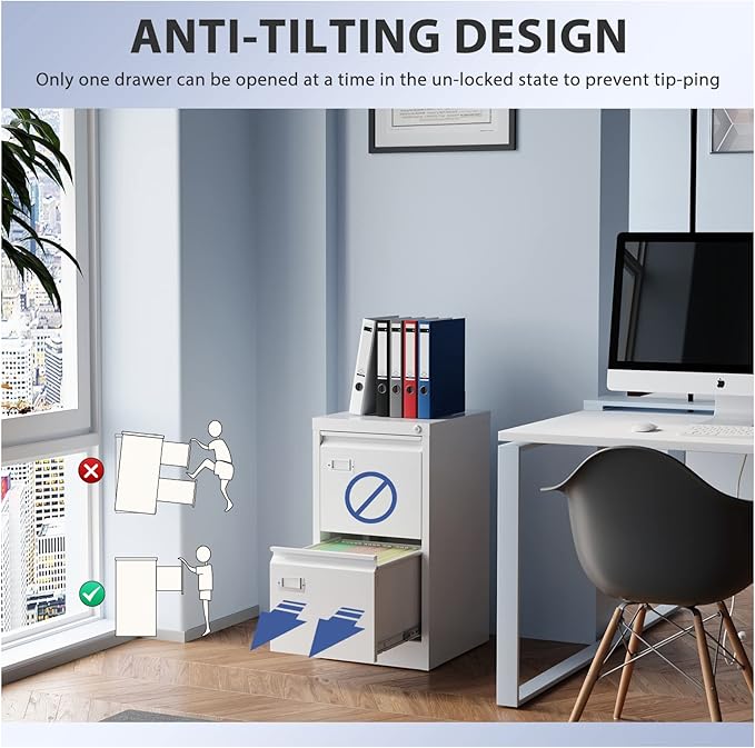 2 Drawer File Cabinet, Filing Cabinets for Home Office, Metal Vertical File Storage Cabinet with Lock, Locking File Cabinet for A4 Legal/Letter, 15" W x 17.7" D x 27.1" H, Assembly Required-DeskLoop Office