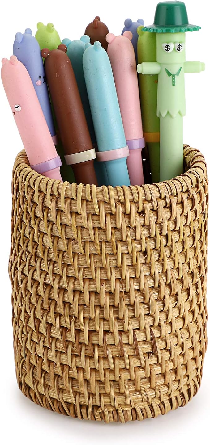 BTSKY Rattan Pen Cup, Handmade Desk Pencil Holders Makeup Brush Holder by BTSKY