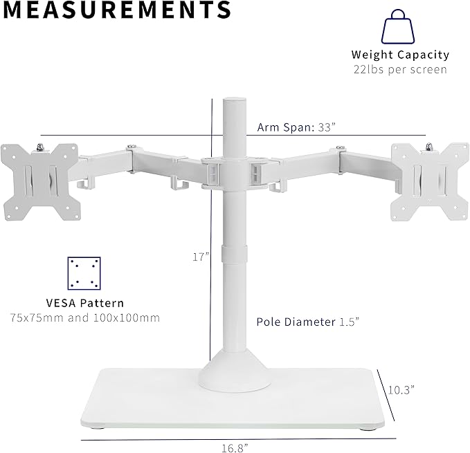 VIVO Freestanding Dual Monitor Stand with Sleek Glass Base and Adjustable Arms, Mounts 2 Screens up to 32 inch and 22 lbs Each, White, STAND-V002FGW-DeskLoop Office