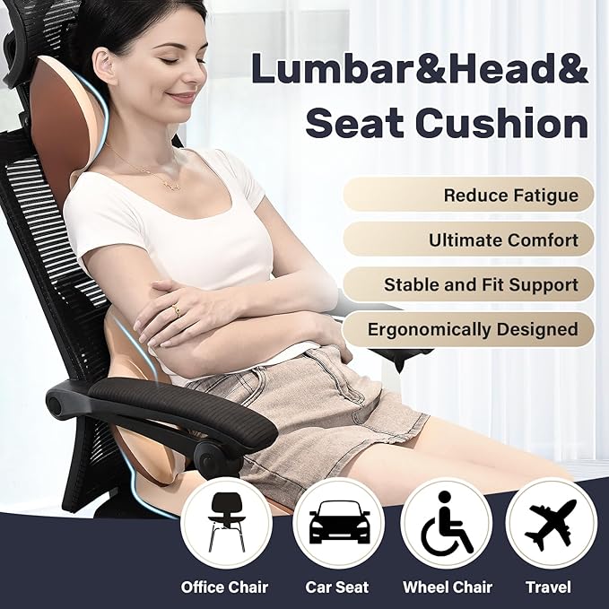 Coverado Seat Cushion and Lumbar Support Headrest Pillow for Car Office Chair, Ergonomic Memory Foam Chair Cushion Back Neck Support Pillow, Sciatica & Back & Tailbone Pain Relief Cushion-Beige-DeskLoop Office
