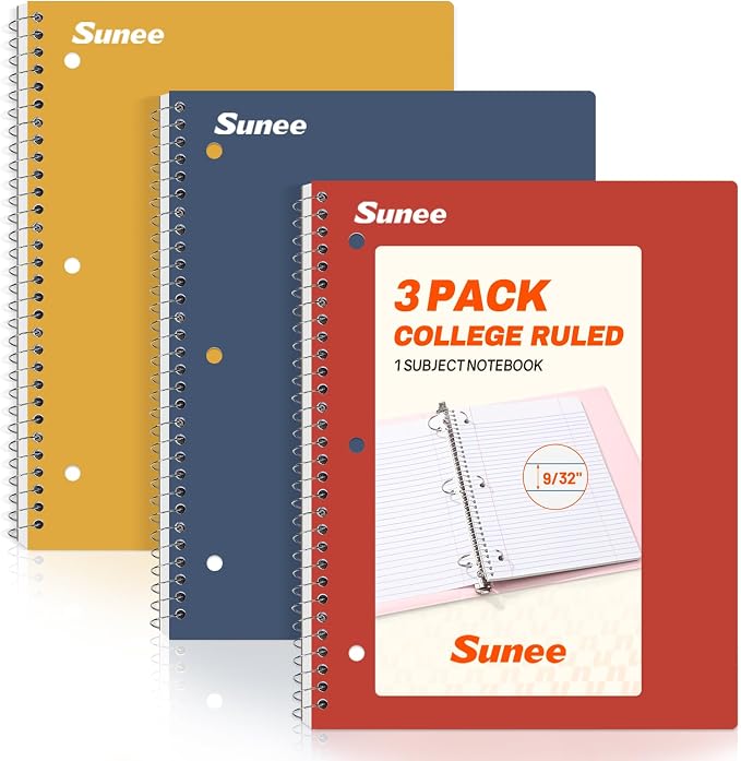 SUNEE Spiral Notebooks, 3 Pack, College Ruled Paper, 70 Sheets per Notebook by SUNEE
