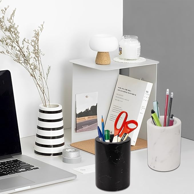 WORHE Natural Marble Pen Holder for Desk, Handcrafted Volakas Sturdy Desk Organizer for Office Supplies Storage Desktop Stationary Makeup Brushes Cup Pencil Holders for Home White (DL002)-DeskLoop Office