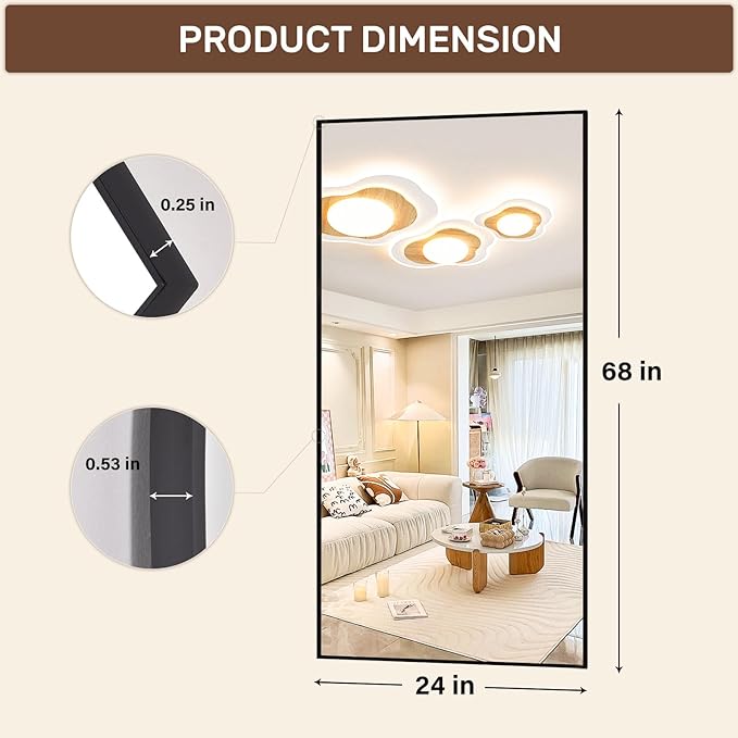 Full Length Mirror with Stand, 68"x24" Floor Mirror with Aluminum Alloy Frame, Full Body Mirrors,Free Standing or Wall-Mounted Mirrors for Living Room, Black-DeskLoop Office