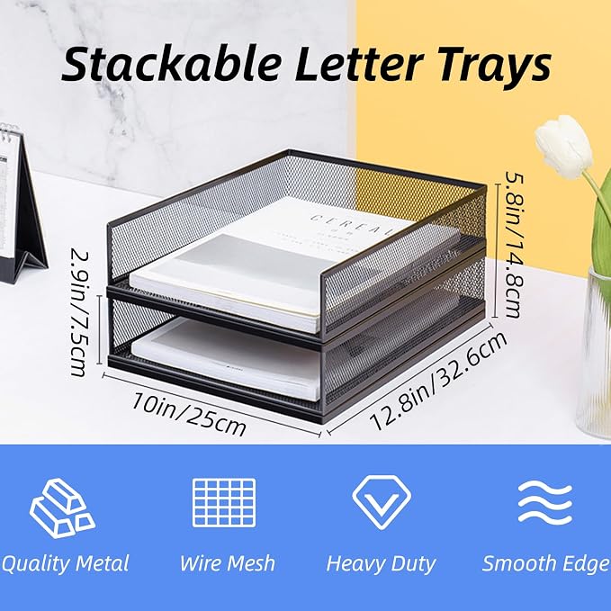 YOUEON 2 Pack Wire Mesh Letter Trays 12.8"x10"x2.9", Stackable Paper Tray - Image 2