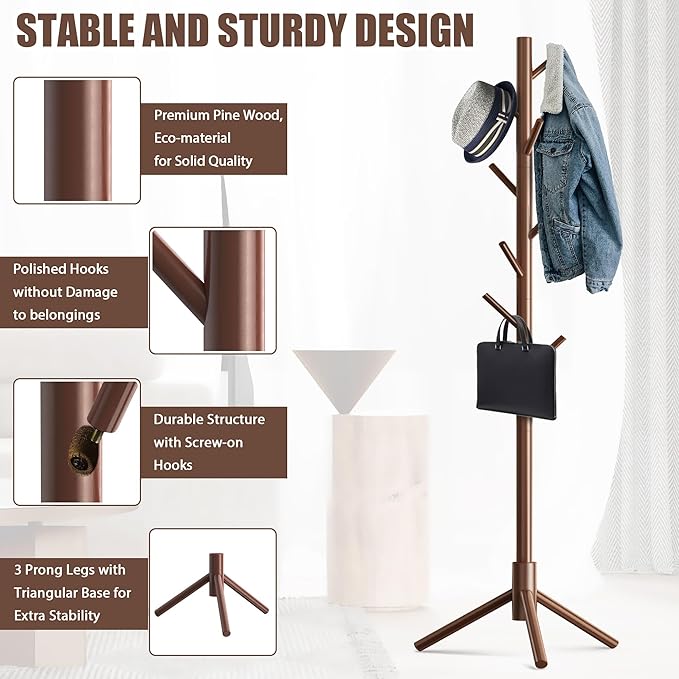 Haddockway Wooden Coat Rack Stand with 8 Hooks New Zealand Pine 3 Adjustable Coat Standing Tree Easy Assembly for Coats, Hats, Scarves and Handbags for Entryway, Hallway, Bedroom, Office,2 PCS-DeskLoop Office
