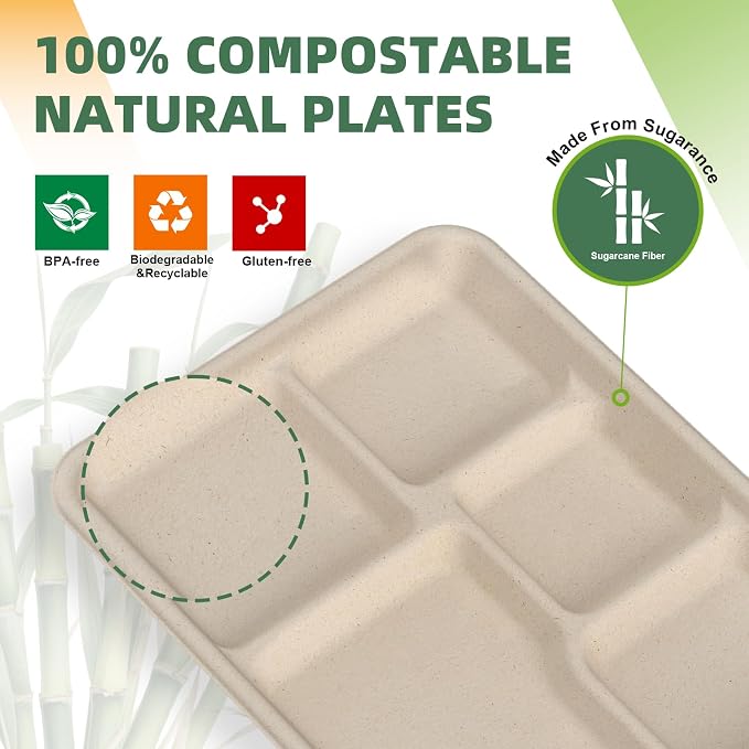WELLIFE 125 Pack Kids Small 5-Compartment Paper Plates, 10.25x8.25 Inch 100% - Image 7