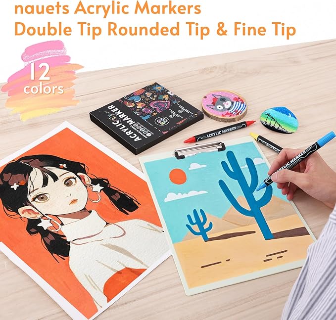 12 Colors Waterproof Dual Tip Acrylic Paint Pens, Dot & Fine Tip Premium Coloring Drawing Markers Set for Wood, Rock Painting, Canvas, Glass, Ceramic Surfaces and DIY Crafts Making Art Supplies-DeskLoop Office