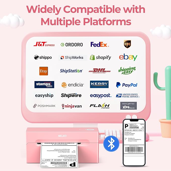 Nelko Bluetooth Thermal Shipping Label Printer, Wireless 4x6 Shipping Label Printer for Small Business, Support Android, iPhone and Windows, Widely Used for Amazon, Ebay, Shopify, USPS(Pink)-DeskLoop Office