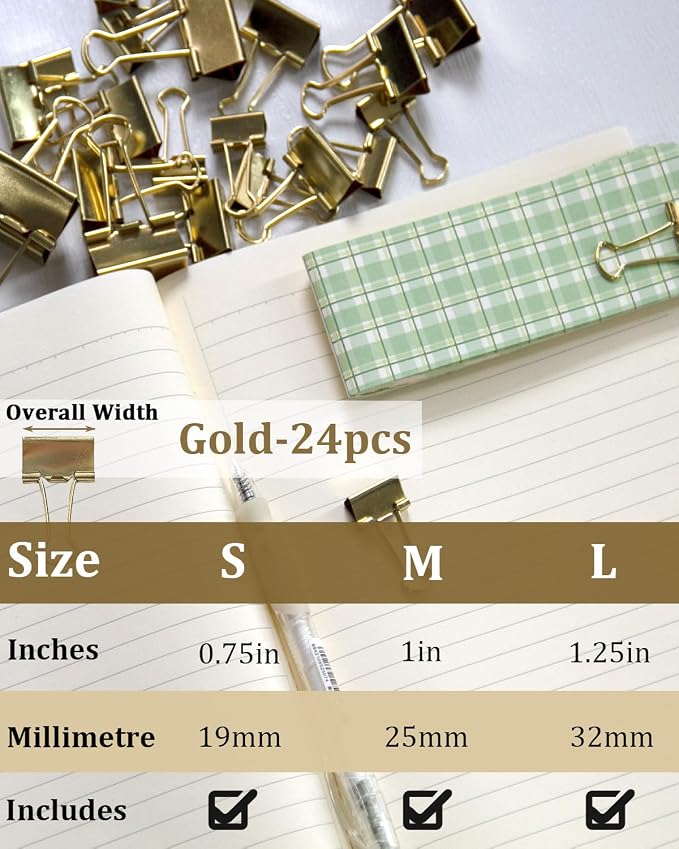 Assorted Binder Clips 0.75/1/1.25in 25-Pack -Gold Tone Clips - Image 4