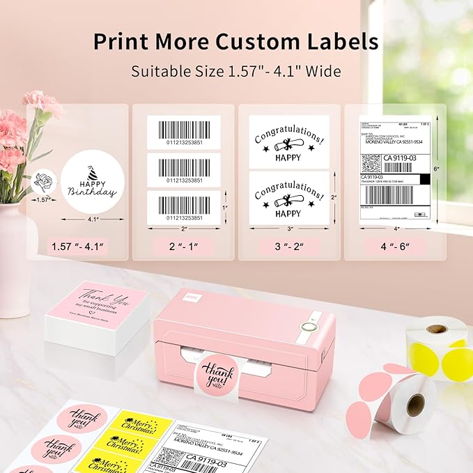 JADENS Bluetooth Thermal Label Printer 4x6, Pink Wireless Shipping Label Printer for Small Business & Packages, Compatible with iOS, Android, Mac, Windows, Amazon, Etsy, Ebay, Shopify-DeskLoop Office