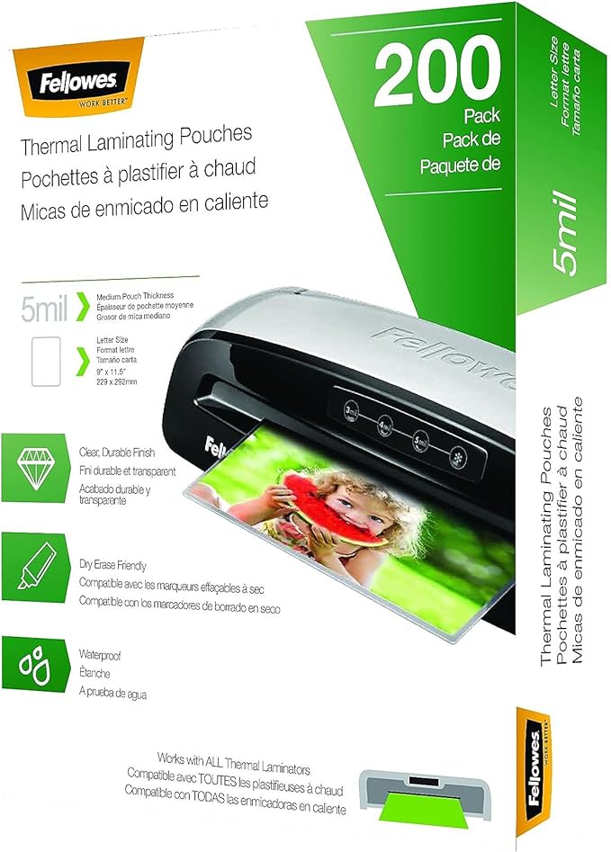 Fellowes Thermal Laminating Pouches, Letter Size Sheets, 5mil 200pk, Clear (5743601)-DeskLoop Office
