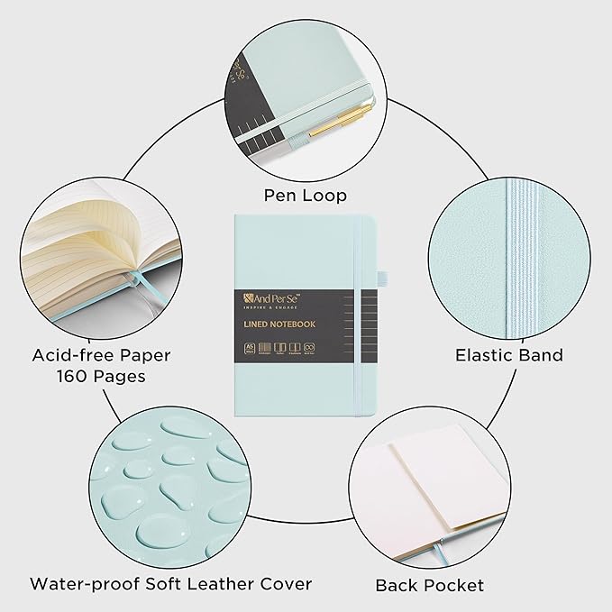 A5 Lined Leather Journal and Pen Set, Hardcover Notebook with Pen, 160 Pages 100gsm Thick Ruled Paper for Men Women, for Work, Business, School or Home Writing, 5.7'' x 8'' (Cyan-Set1)-DeskLoop Office