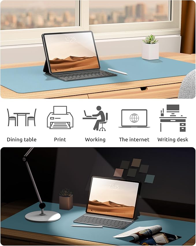 YSAGi Leather Desk Protector, Office Mat, Large Mouse Mat, Non-Slip PU Leather Blotter, Laptop Pad, Waterproof Writing Pad for Office and Home (Ice Blue, 35.4" x 17")-DeskLoop Office