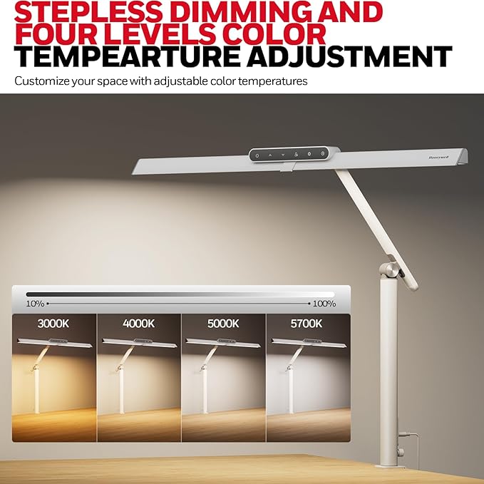Honeywell LED Desk Lamp with Clamp - HJ1 Sunturalux Eye-Caring Clip on Lights for Home Office, 1200LM Clamp Lamp 4 Color Modes Stepless Dimming Task Desk Light for Working White-DeskLoop Office