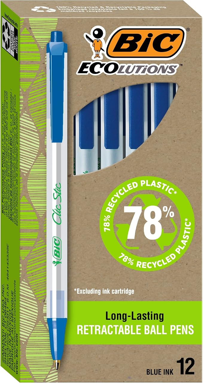 BIC Ecolutions Clic Stic Blue Ballpoint Pens, Medium Point, 12-Count Pack by BIC