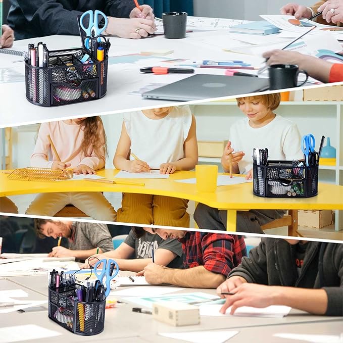 Black Mesh Pen Holder Desk Organizer Cute Office Supplies Pencil and Marker Organizers Oval Desk Caddy with 8 Compartments and 1 Drawer Workspace Accessories for Office School Home-DeskLoop Office