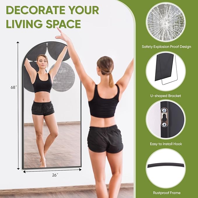 Full-Length Floor Mirror with Stand, 68"x26" Arched Style Full Body Standing Mirror for Bedroom, Living Room, Gym, Dorm - Shatter-Resistant & Easy Assembly, Black-DeskLoop Office