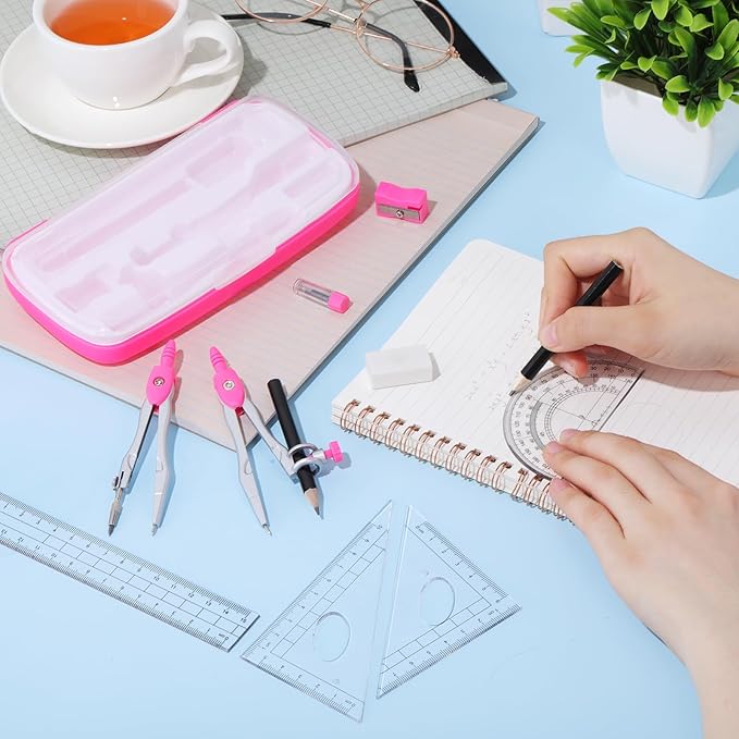 Zonon Math Geometry Set 10 Pcs Student Supplies with Shatterproof Storage Box, Includes Rulers Protractor Compass Pencil Sharpener Lead Refills Eraser Pencil for Drafting and Drawings(Pink)-DeskLoop Office