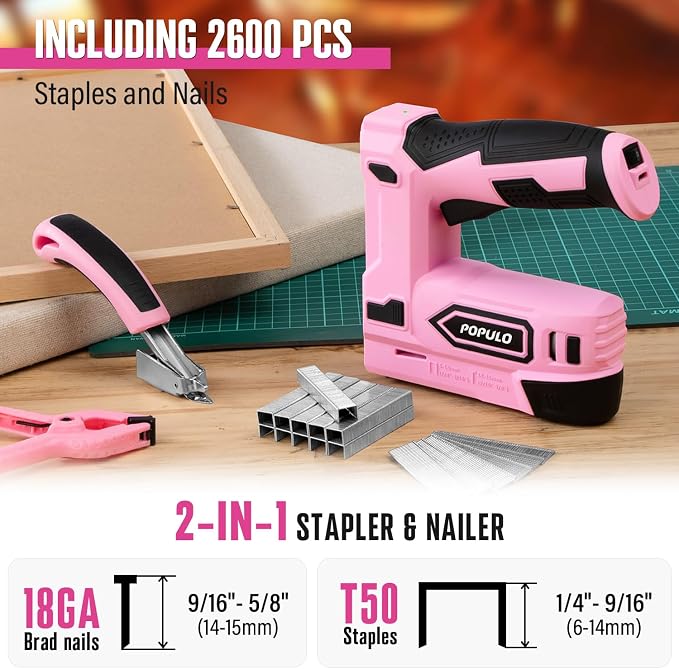 POPULO Pink Electric Staple Gun, 4V Cordless Battery Powered Staple Gun - Image 2