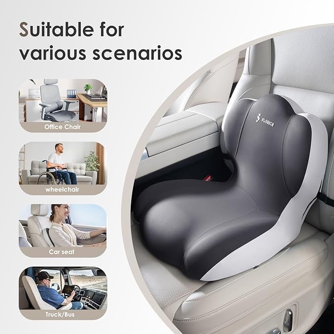 FLORICH Memory Foam Truck Seat Cushion with Adjustable Strap,Seat Cushion and Lumbar Support Pillow for Car Office Chair, Ergonomic Back Support & Sciatica Relief for Long Drives(Grey)-DeskLoop Office