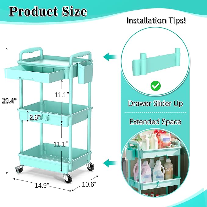 SUNALLY 3-Tier Rolling Cart - Image 2