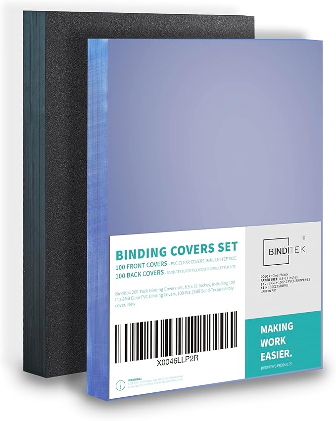 Binditek 200 Pack Binding Covers and Backs Set, 8.5 x 11 Inches, 100 Clear PVC by Binditek
