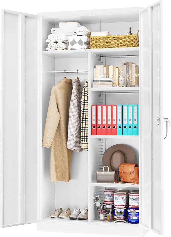 Greenvelly Metal Storage Cabinet with 2 Doors, White 72” Steel Storage Wardrobe Cabinet, Employees Locker Closet Clothing Coat Steel Wardrobe Cabinet with Hanging Rod for Garage, Gym, Home Office-DeskLoop Office