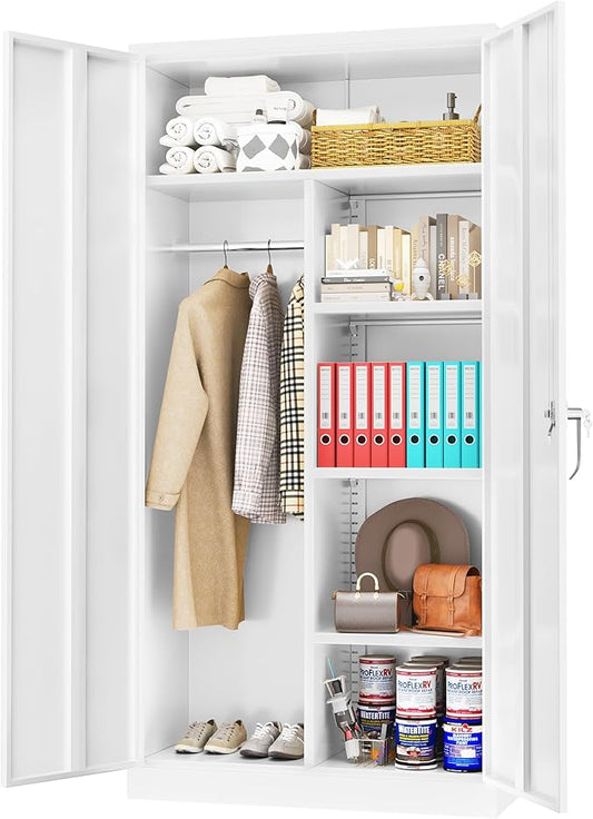 Greenvelly Metal Storage Cabinet with 2 Doors, White 72” Steel Storage Wardrobe Cabinet, Employees Locker Closet Clothing Coat Steel Wardrobe Cabinet with Hanging Rod for Garage, Gym, Home Office-DeskLoop Office