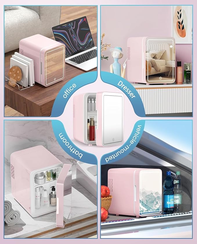 Skincare Fridge With Dimmable LED Light Mirror, 4L Makeup Mini Fridge for Bedroom, Car, Office & Dorm, Cooler & Warmer, Portable Small Refrigerator for Cosmetics, Skin Care and Food, Pink-DeskLoop Office
