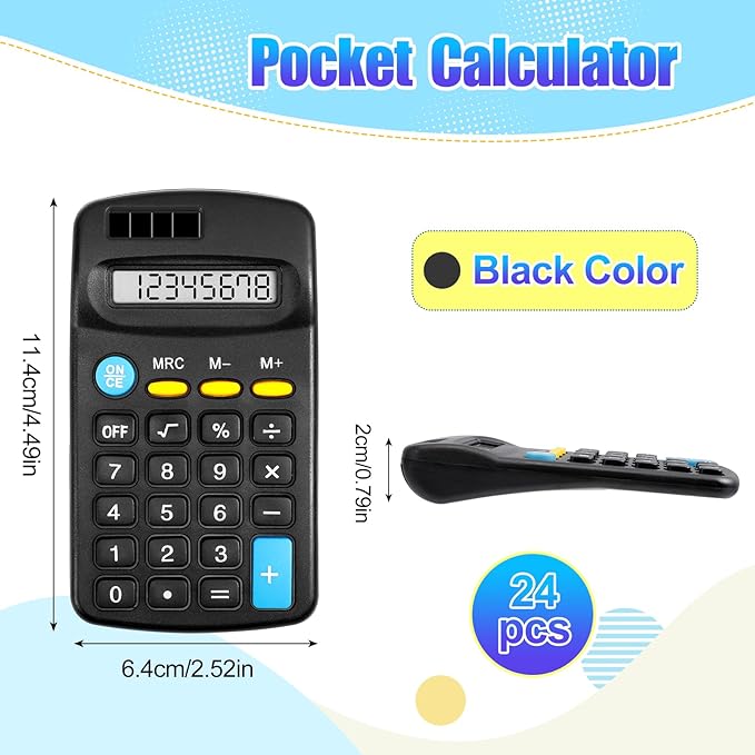 24 Pieces Pocket Calculator,Pocket Size Mini Calculators,Solar Battery Dual Power Function Calculator,8 Digit Display Basic Calculator for Students Kids Home Office(Black)-DeskLoop Office